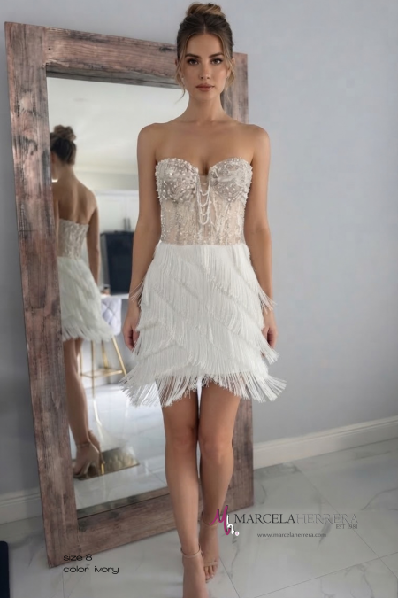 Strapless Bridal Mini Dress with Feather-Style Hem