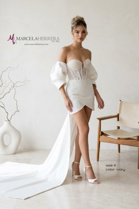 Convertible Bridal Mini Dress with Off-the-Shoulder Sleeves and Train