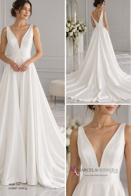 Minimalist V-Neck Wedding Dress with Flowing Train