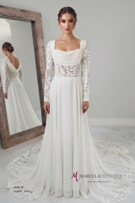 Long-Sleeve Lace Bodice A-Line Wedding Dress