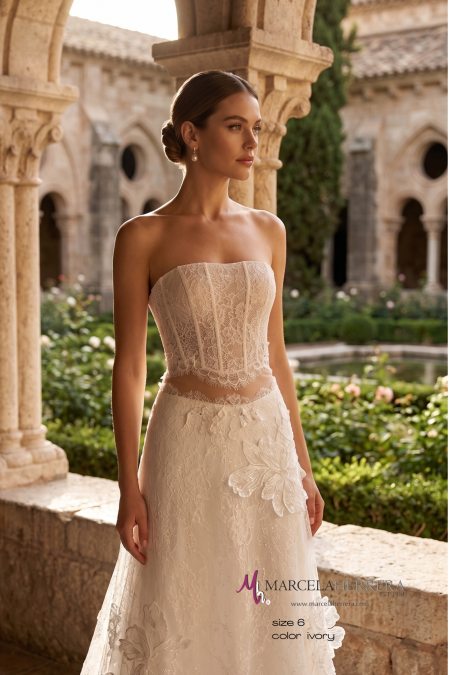 Champagne Corset Wedding Dress with Floral Lace Skirt